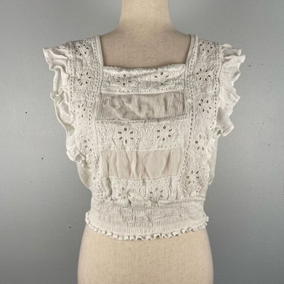 American Eagle Cropped Top with Fluttery Cap Sleeves in Ivory - Size Medium - Picture 1 of 11